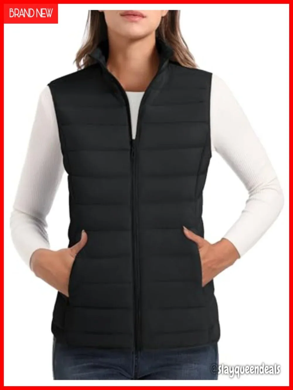 Women's Puffer Vest Lightweight Stand Collar Zip 4 Pockets Quilted Sleeveless